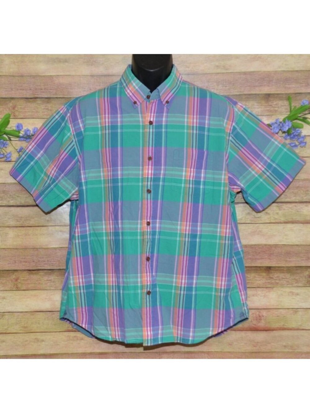 Lands' End Mens XL Pastel Plaid Button Down Shirt Short Sleeve Cotton Preppy